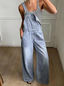 DAZY Distressed Washed Faded Loose Wide Leg Casual Streetwear Autumn Women's Denim Overalls And Jumpsuits Formal Party Black Blue - Blue - View 3