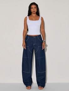 Normani Women's Retro Dark Blue Raw Woodworking Work Pants, Low-Rise Casual Straight-Leg Jeans, Dark Blue, Casual Street Style Summer Style. - Dark Wash - View 7