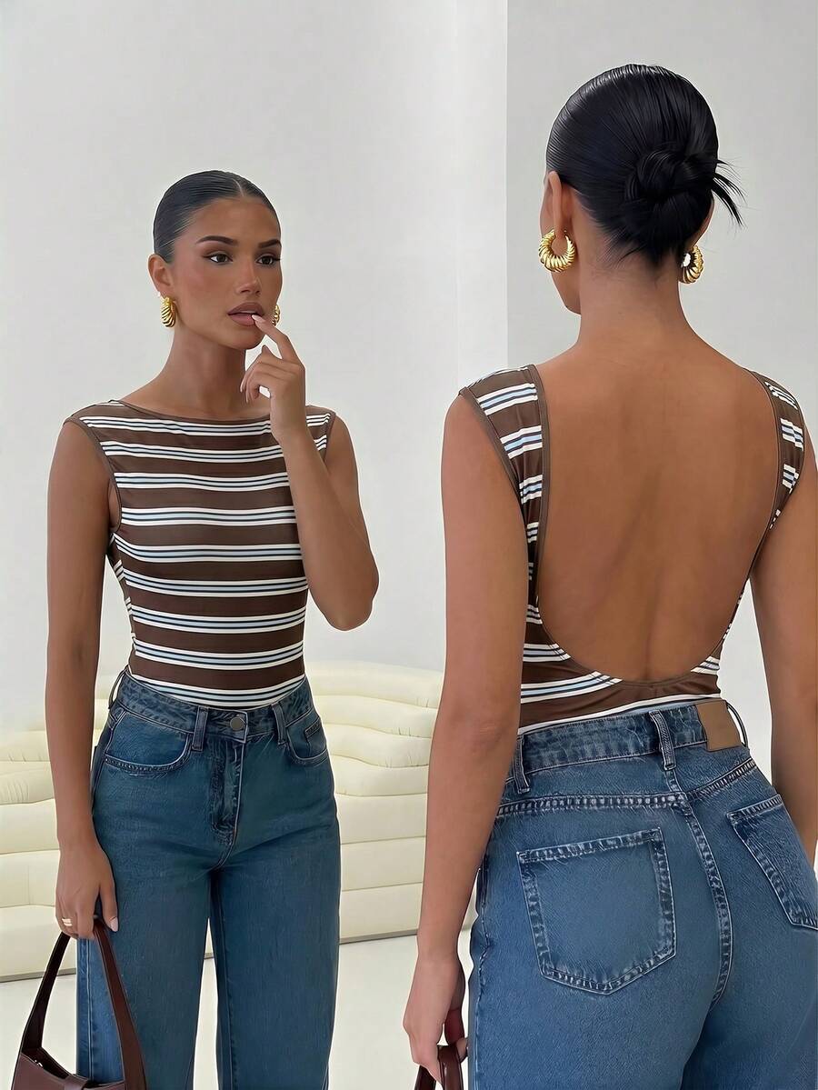 Firerie Women's Striped Fashion Contrast Color Fitted Backless Bodysuit - Multicolor - View 1