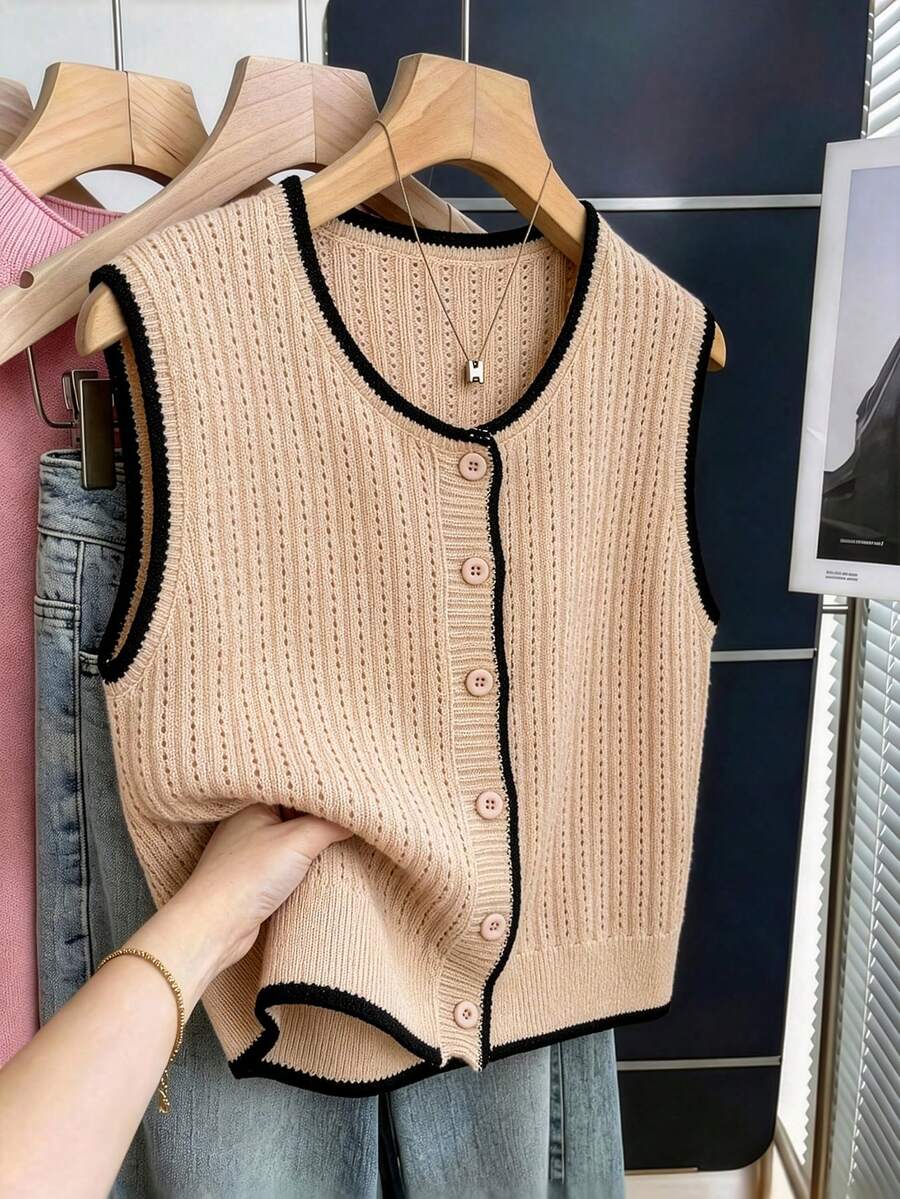 GlowEve CURVE Plus Size Elegant Hollow Out Contrast Color Button Round Neck Sleeveless Cardigan - Apricot - View 1