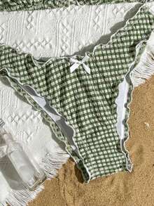 Swim Mod Women's Summer Beach Pool Party Plaid Special Fabric Halter Neck Bow Decor Frill Trim Triangle Bikini Top And Bottom Cute Girl Casual Tropical Green - Mist Green - View 6