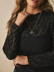 Freevana Plus Size Vacation Black Ditsy Floral Print Long Sleeve Base Layer Top Night Autumn Elegant Sexy Fall Date Night Cocktail Dinner Wedding Guest - Black - View 6