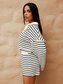 Maju Mazalli Women's Casual Multicolor Striped Rib-Knit Polo Collar Top And Shorts Set Knitted Fabric Drop Shoulder Three Quarter Length Sleeve Elegant - Multicolor - View 5