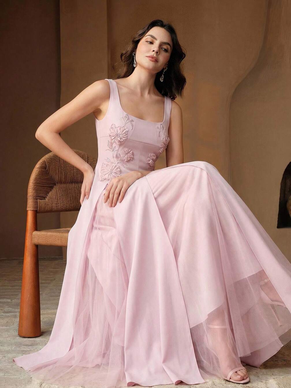 hoco flowy dress Anewsta Elegant Pink Square Neck Sleeveless Midi Summer For Women, 3D Floral Applique Embroidery On homecoming dresses 2026