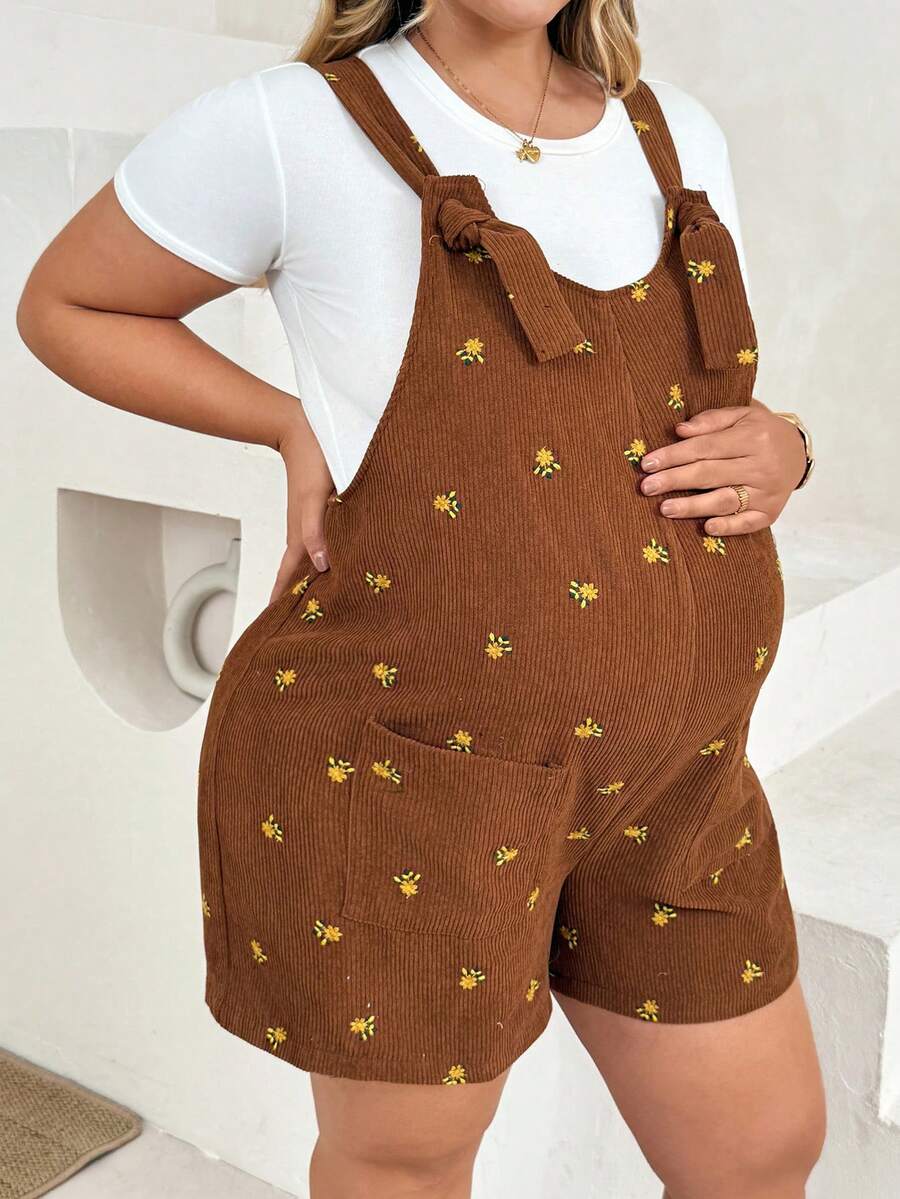 Plussiva 大尺碼孕婦夏季休閒碎花連身褲 - 棕色 - 查看 1