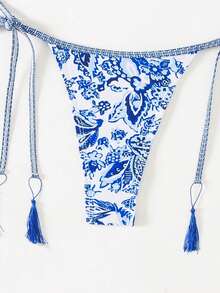 SHEIN Swim 佩斯利印花两件套比基尼套装，夏日海滩 - 藍白色 - 查看 5