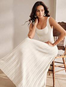Anewsta Vestido de mujer de verano elegante de color liso de punto pesado con cuello bajo, ajustado, plisado y sin mangas - Blanco - Ver 3
