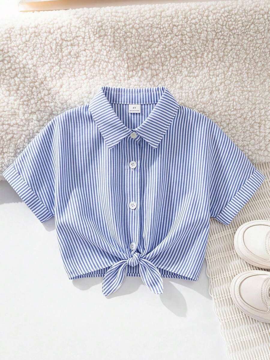 SHEIN Genkimix Kids 1件少女夏季輕便度假休閒百搭黃白格紋檸檬印花寬鬆短袖上衣，打結下擺設計超俏皮，適合度假、旅行、派對、返校，春/夏季
