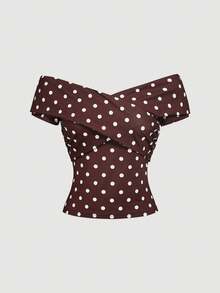 SHEIN MOD Spring/Summer New Polka Dot Print Ruched Off Shoulder T-Shirt For Women - Coffee Brown - View 2