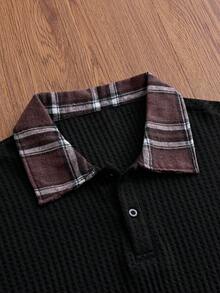ESTAVOR Kemeja Polo Pria Kasual Musim Panas Motif Kotak-kotak Patchwork - Hitam - View 4