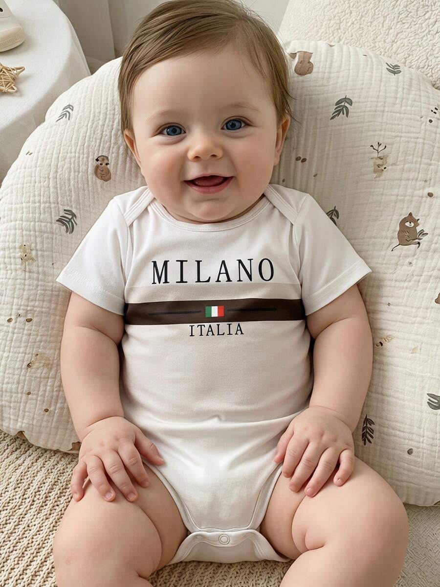 SHEIN Baby Boy Letter & Stripe Print Contrast Color Round Neck Short Sleeve Romper - Multicolor - View 1