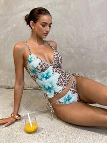 Swim Glamine 夏季甜美花卉奶油黃格紋比基尼背心套裝，休閒春夏度假海灘派對 2 件組 - 薄荷綠 - 查看 7