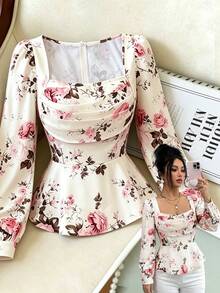 SHEIN Elenzya Best-Selling Rose Floral Print Design With Chiffon Printed Ruffle Collar, Cinched Waist, Small A-Line Hem, Long Sleeve, Exquisite Elegant Casual Daily Women's Blouse For Spring, Summer, Autumn - Multicolor - View 4