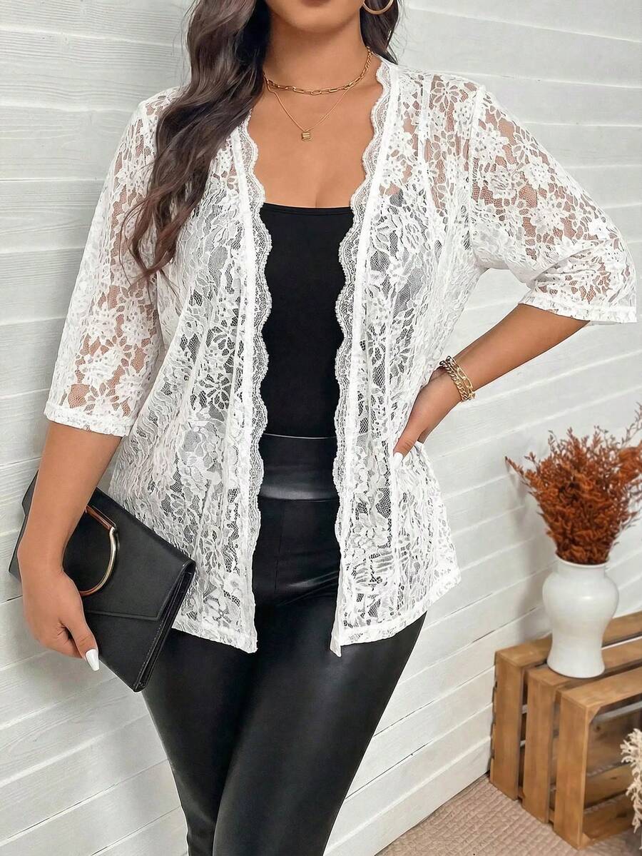 SHEIN LUNE 大尺碼女款度假法式時尚蕾絲拼接薄款開襟外套 - 白色 - 查看 1