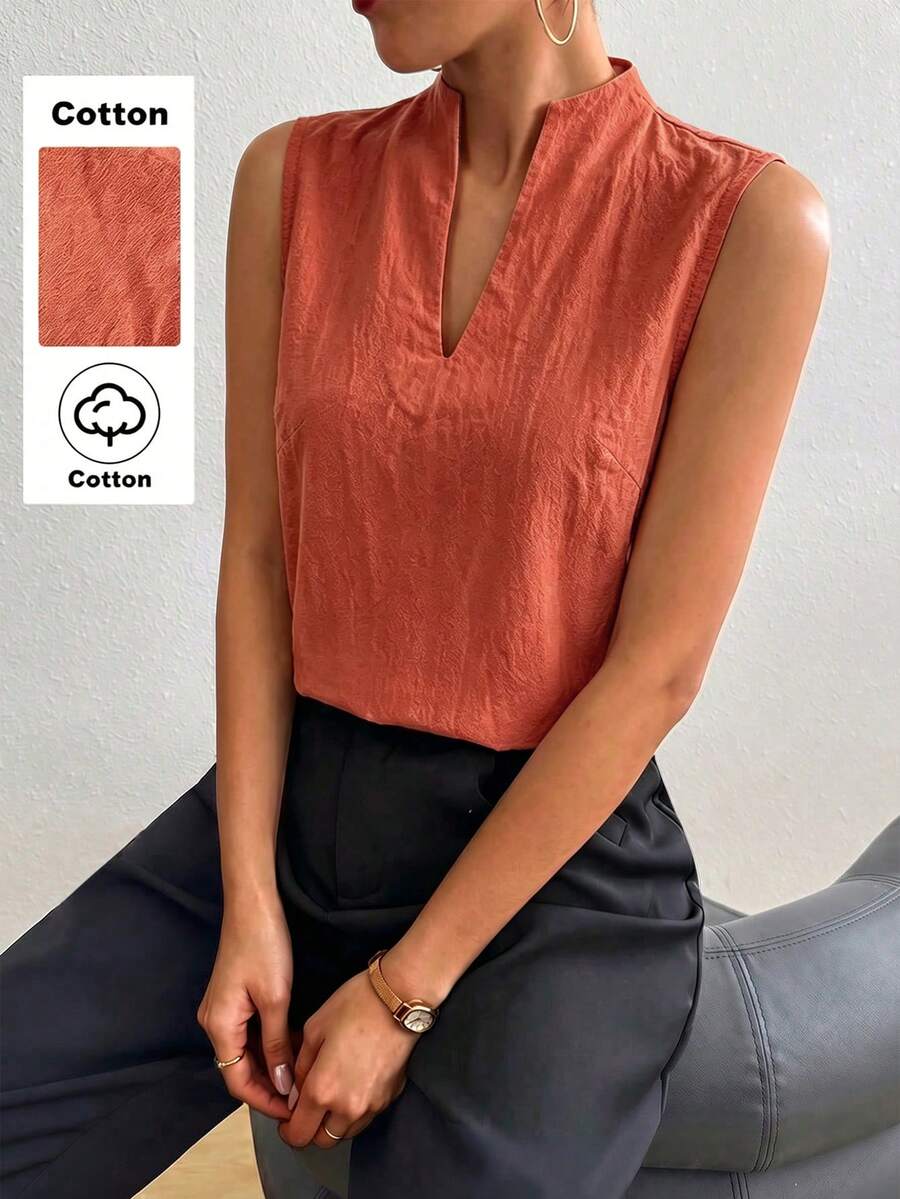 SHEIN Raffinéa 女款夏季休閒純色無袖上衣 - 橘色 - 查看 1