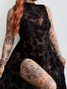 Whyspr Dark High Slit Sheer Long Black Asymmetrical Pattern Dress - Black - View 1
