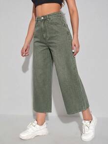 Pantalones cortos de mezclilla versátiles con bolsillos y botones para mujer - Verde - Ver 6
