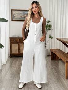 EMERY ROSE Mono de mujer de algodón blanco liso con textura, botones, bolsillos, holgado y casual, para viajes y vacaciones de verano - Blanco - Ver 4