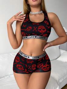 SHEIN 女款骷髏印花內衣套裝 - 紅色 - 查看 3
