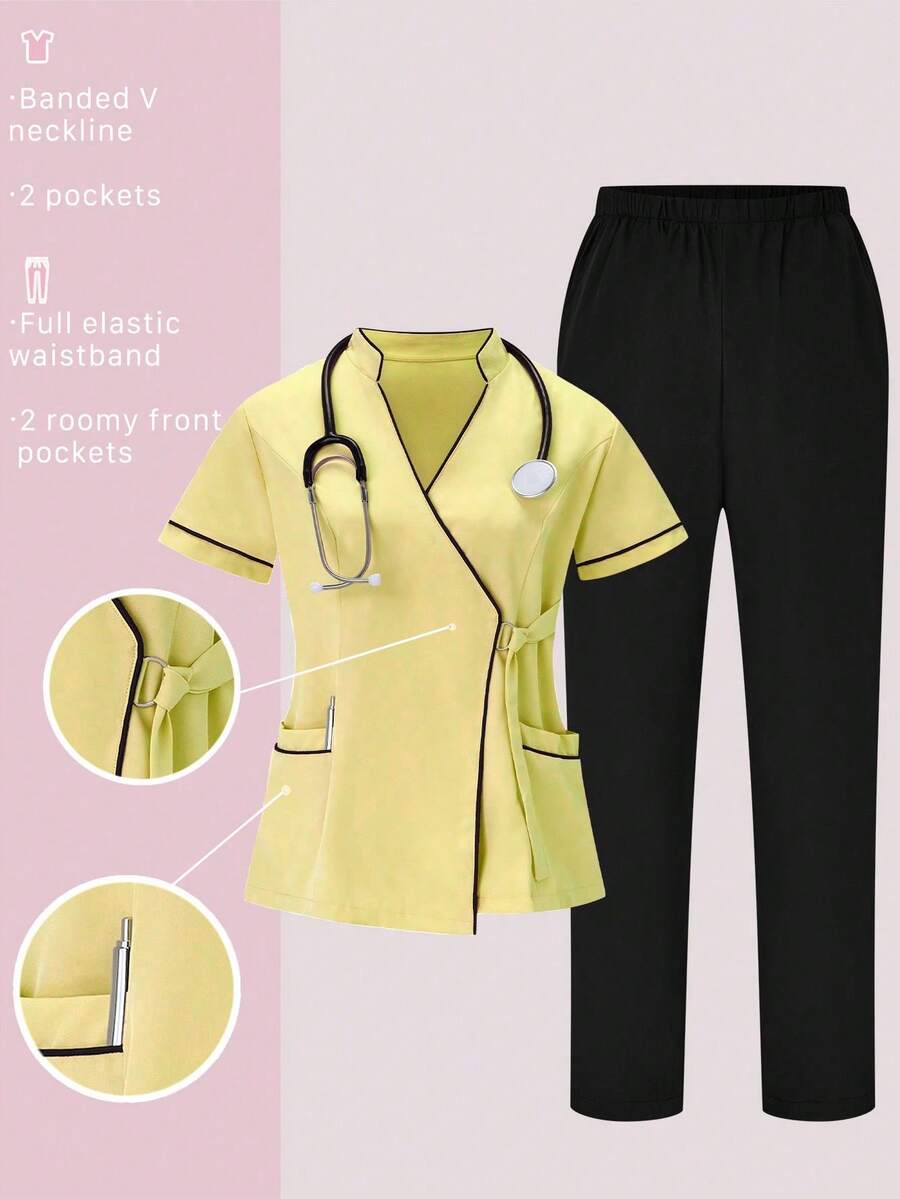 TaskEZ Scrubs Set: V-Neck Short Sleeve Top & Pants Scrub Uniform For Healthcare Workers - Yellow - View 1