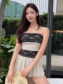 DAZY Women's Lace Polka Dot Bandeau Top And Skirt Sexy Casual Outfit Summer Beach Outfits - Multicolor - View 1