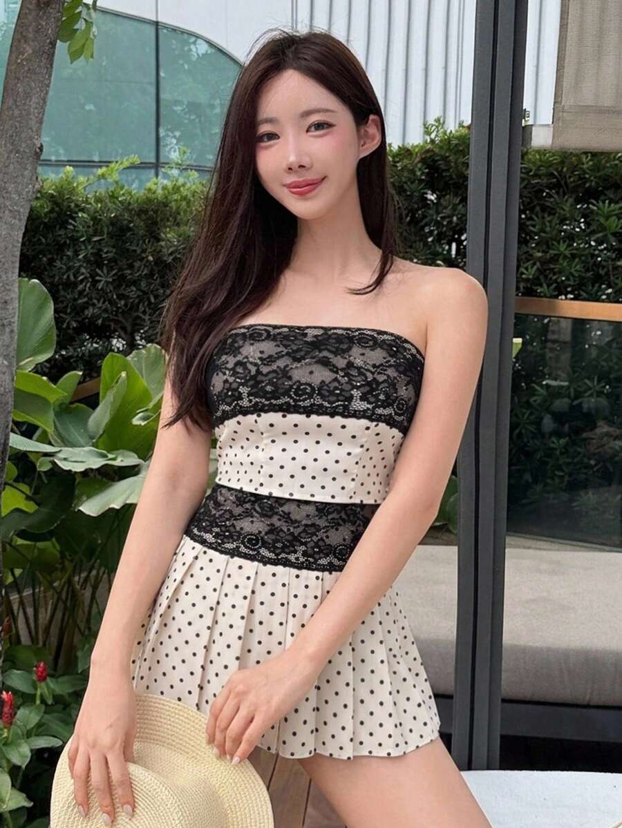 DAZY Women's Lace Polka Dot Bandeau Top And Skirt Sexy Casual Outfit Summer Beach Outfits - Multicolor - View 1