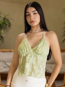 Andrea Bello Women's Short Sequins Embroidered Green Halter Neck Midriff Baring Versatile Tank Top Casual Summer - Green - View 5