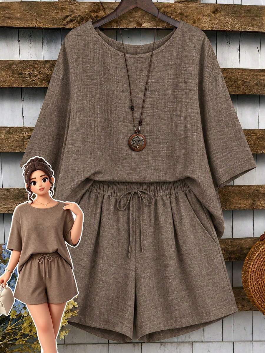 EMERY ROSE 2pcs Plus Size Women's Asymmetric Hem Round Neck 3/4 Sleeve Top And Loose Short Wide Leg Pants Set, Suitable For Casual Daily Wear - Coffee Brown - View 1