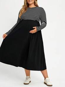 Plussiva فستان حمل كاجوال مقاس كبير – فستان مخطط بألوان أسود وأبيض بأكمام طويلة – فستان حمل مقاس كبير – أسلوب كاجوال خريفي - أبيض وأسود - مشاهدة 3