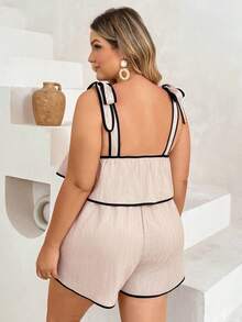 Plussiva Mono corto de tirantes para maternidad talla grande con ribete de bloques de color - Caqui - Ver 10