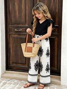 SHEIN Sparklyn Teen Girl Spring/Summer Beach Vacation Style Solid Color V-Neck Ruffle Armhole Top And Floral Satin Print Wide Leg Long Pants Set - Multicolor - View 4