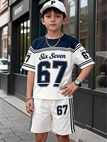 青少年男孩休閒舒適極簡圓領短袖T恤與短褲套裝 - 白色 - 查看 3