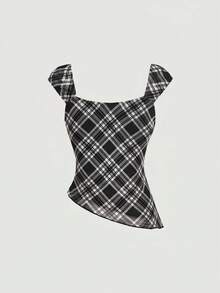 SHEIN MOD Women's Low Neck Top With Bow Ribbon Decor, Asymmetrical Diagonal Hem And Contrast Color Wavy Edge - Black - View 3