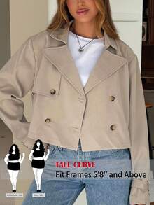 SHEIN Tall CURVE 大尺碼休閒素色雙排釦短版夾克，春季/秋季 - 淺灰色 - 查看 2