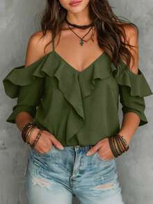 LUMIGAL Summer Casual Solid Color Off-Shoulder Ruffle Trim Short Sleeve Blouse - Olive Green - View 5