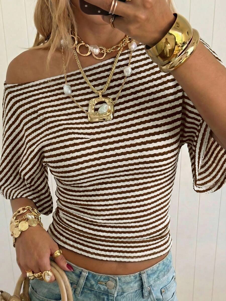SHEIN EZwear 女款條紋拼接百褶休閒百搭日常上衣 - 咖啡棕 - 查看 1