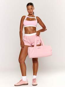 Musera Sport Sport Pink Contrast Edge Asymmetric Front Scoop Neck Cross Back Logo Sports Bra Top - Pink - View 5
