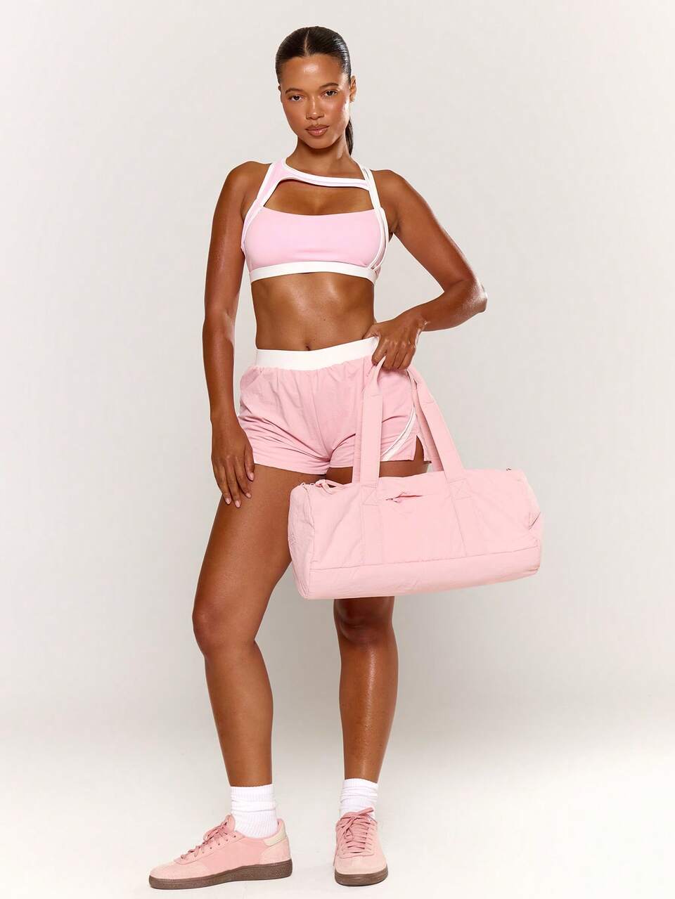 Active Pink Contrast Edge Asymmetric Front Scoop Neck Cross Back Logo S Bra Top