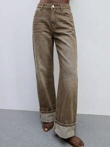 Maija Celana Jeans Wanita Longgar Kasual Model Kaki Lebar dengan Ujung Bawah Digulung dan Saku - Coklat - View 4
