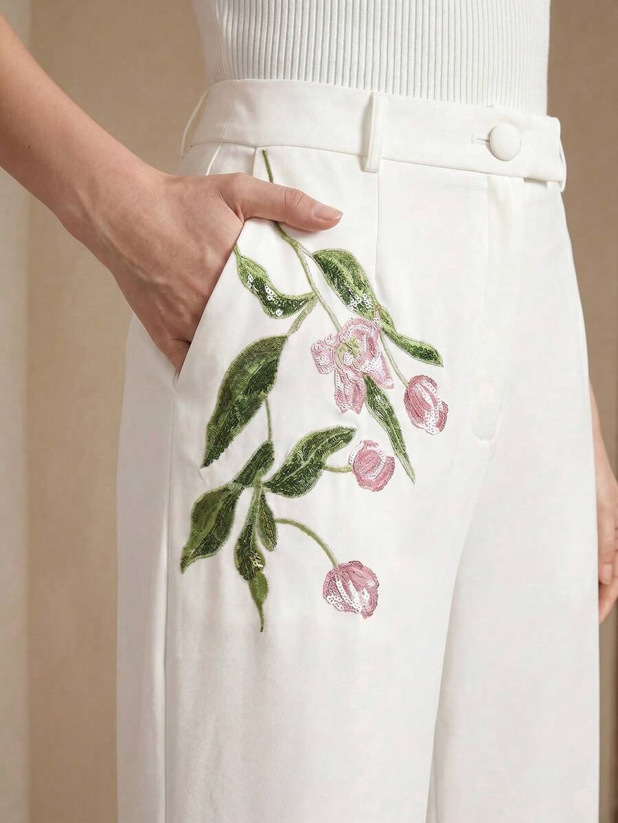 Anewsta Spring/Summer New Elegant Fashion Party Date Holiday Outing Wedding Floral Sequin Embroidery Women's Long Pants - White - View 1