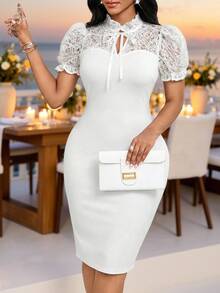 Fleurora Women's Elegant Mature Romantic Sexy Commuter Golf Dinner Date Party Wedding Solid Color Lace Patchwork Midi Dress White Floral Summer Office Wear - White - View 3