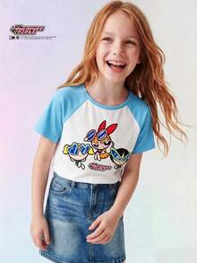 Maija Kids THE POWERPUFF GIRLS X SHEIN Maija Kids Tween女孩休閒卡通圖案極簡短袖高腰插肩袖T恤，適合夏季 - 彩色 - 查看 6