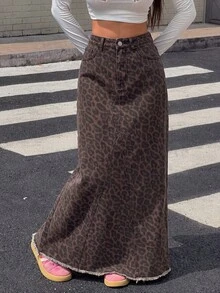 Jeanoix 女士时尚街头风豹纹毛边直筒牛仔中长裙，适合日常通勤 - 彩色 - 查看 3