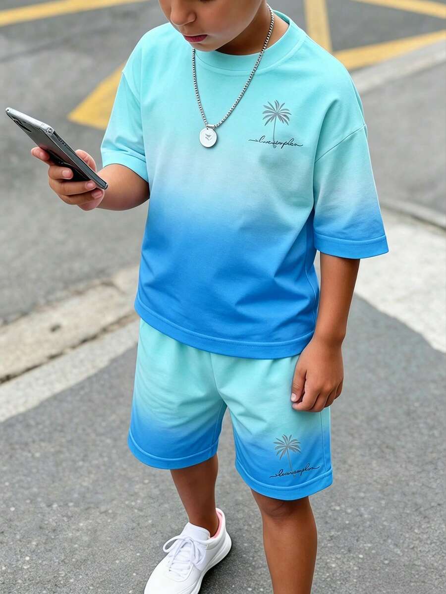 兒童青少年男孩休閒舒適時尚極簡圓領短袖T恤與短褲套裝 - 彩色 - 查看 1