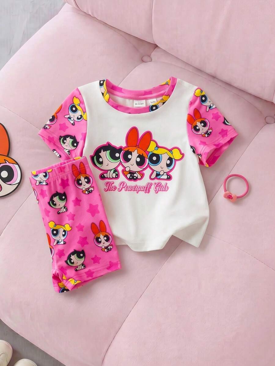 THE POWERPUFF GIRLS X SHEIN 女嬰卡通印花T恤短褲套裝 - 粉色 - 查看 1
