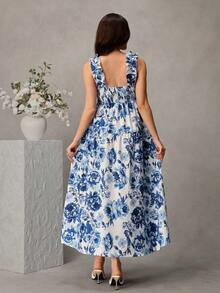 SHEIN Maternity Floral Print A-Line Dress With Wide Strap, Shirred Bust And Frill Trim Business Casual Elegant Outfit Daily Commute - Blue and White - View 2