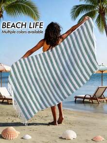 Cirelle 1pc Turkish Polyester Beach Towel - Oversized Striped Sand Free Beach Towel With Fringes, Quick Dry Lightweight Bath Towel Travel Blanket For Pool, Gym, Camping (100*180cm) - Multicolor - View 13