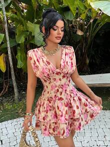 SHEIN SXY 女款優雅熱帶浪漫性感花卉印花度假蛋糕迷你洋裝 夜出聚餐派對 米色夏季粉色 - 彩色 - 查看 6