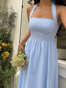 Flirla 女士蓝白条纹无肩带露背A字休闲度假性感欧美风连衣裙 - 藍色 - 查看 5