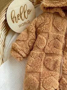 Newborn Baby Girl Autumn/Winter Cute 3D Ear Fluffy Zipper Hooded Romper - Mocha Brown - View 5